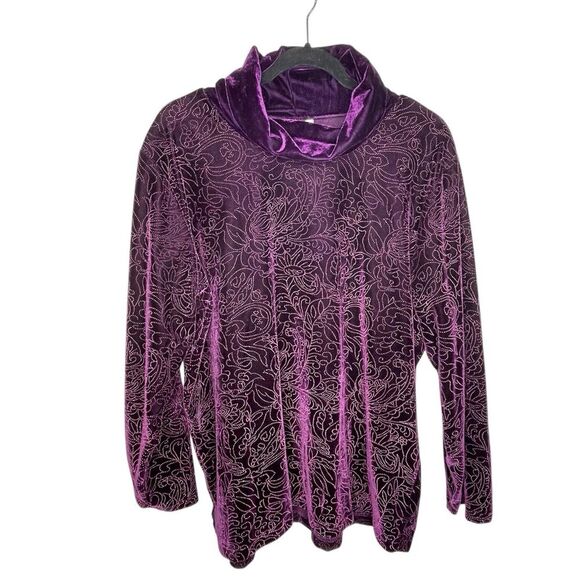 Coldwater Creek Womens Purple Velvet Cowl Neck Top Rhinestones Long Sleeve 1X - Picture 1 of 11